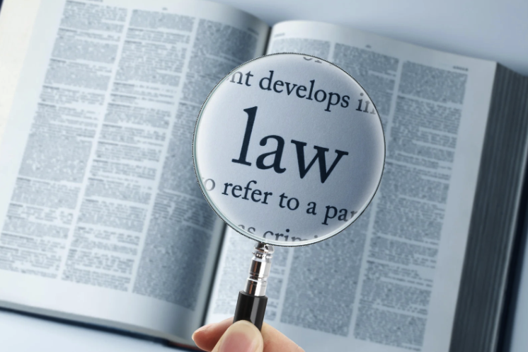 Magnifying glass focusing on the term 'law' in a book.